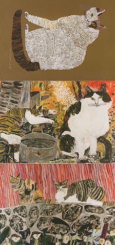 Japanese Fat Naughty Cats Finding Fish Table 3x Japan Cat Postcard s
