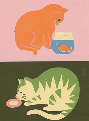 Cat Eating A Goldfish Colour Changing Milk Saucer 2x Postcard s