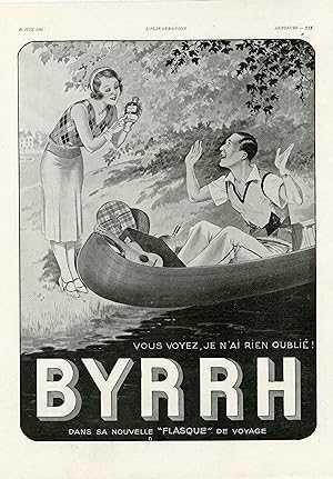 "BYRRH DANS SA NOUVELLE FLASQUE DE VOYAGE" Annonce originale entoilée pour L'ILLUSTRATION du 20/6...