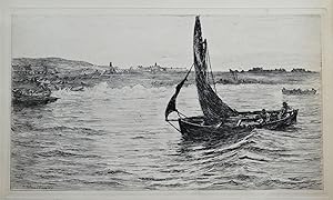 FISHING BOATS LANDING, Colin Hunter etching orighinal antique print 1880