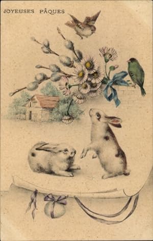 Ansichtskarte / Postkarte Glückwunsch Ostern, Osterhasen, Margeriten, Weidenkätzchen, Vögel, Osterei