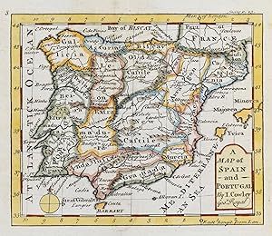 Antique Map SPAIN and PORTUGAL, John Cowley scarce original 1753