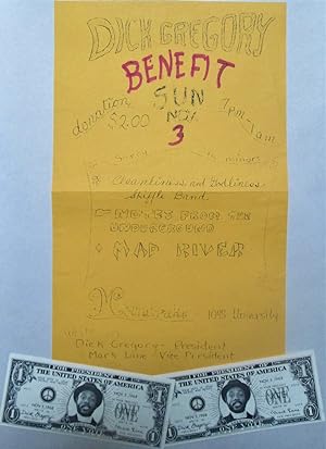 Dick Gregory Benefit Flier with 2 Gregory for President Dollar Bills