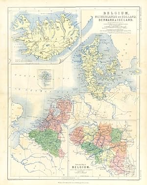 1861 HISTORICAL COLOR ANTIQUE RELIEF MAP of BELGIUM, NETHERLANDS or HOLLAND, DENMARK & ICELAND