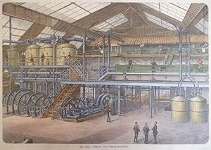 kolorierter Holzstich - Inneres einer Rübenzuckerfabrik ( Zuckerrüben Zucker Raffinerie )