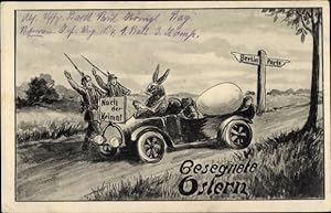 Ansichtskarte / Postkarte Glückwunsch Ostern, Osterhase in Auto fährt "nach der Heimat", großes O...