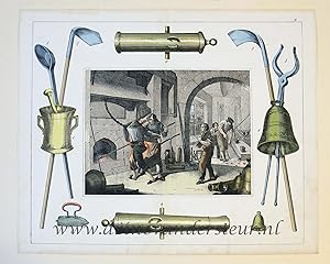 [Antique print, game, handcolored engraving] Fondeur de cloches et de canons, published ca. 1850.