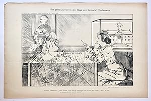 [Original lithograph/lithografie by Johan Braakensiek] Een plaats gezocht in Den Haag voor Carneg...