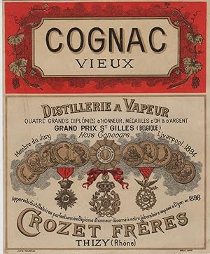 "COGNAC VIEUX CROZET Frères THIZY" Etiquette-chromo originale (entre 1890 et 1900)