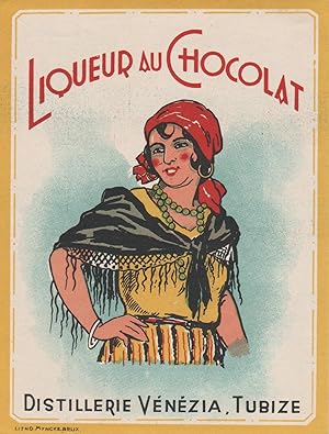 "LIQUEUR AU CHOCOLAT (DISTILLERIE VENEZIA)" Etiquette-chromo originale (Litho MYNCKE début 1900)