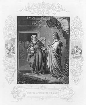 CHRIST APPEARING TO MARY 1850 ANTIQUE PRINT with scrolled borders