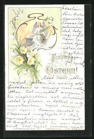 Ansichtskarte Osterengel mit Palmwedel, Ostergruss