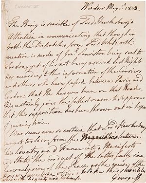[AUTOGRAPH LETTER, SIGNED, FROM KING GEORGE III TO BRITISH SECRETARY OF STATE LORD HAWKESBURY, JU...