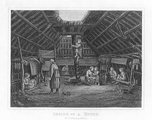 1832 ENGRAVED ANTIQUE PRINT INSIDE OF A HOUSE IN OONALASHKA