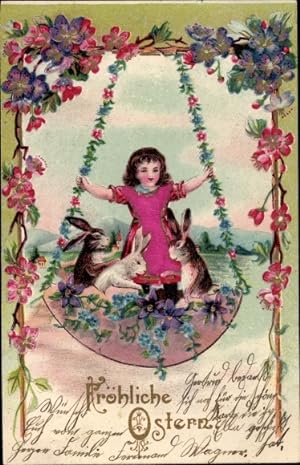 Ansichtskarte / Postkarte Glückwunsch Ostern, Mädchen und Hasen auf einer Eierschaukel