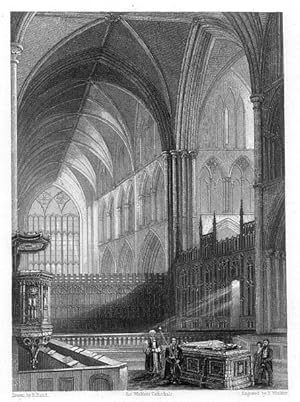 WORCESTER CATHEDRAL THE CHOIR 1851 STEEL ENGRAVING ARCHITECTURE RARE ANTIQUE PRINT