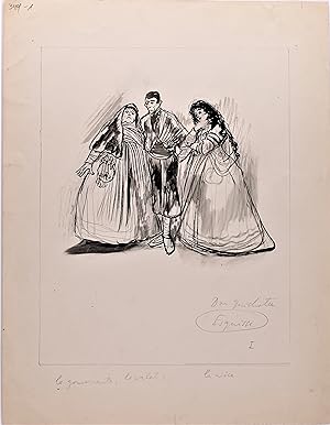 "La Gouvernante, le Valet, la Niece" (Original Drybrush and Wash Drawing of Characters in Cervant...