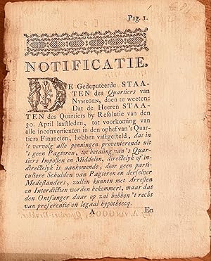 [Pamphlet, Nijmegen, 1777] Notificatie De Gedeputeerde Staaten des Quartiers van Nymegen, doen te...
