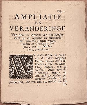 [Pamphlet, roads Zutphen, 1763, Rare] Ampliatie en veranderinge van den 20. Articul van het Regle...