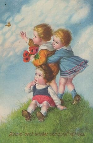 German Children & Poppy Poppies Chasing Butterflies Old Postcard