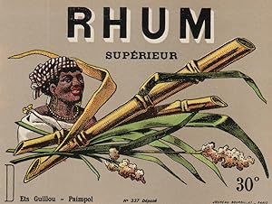 "RHUM SUPÉRIEUR / Ets GUILLOU Paimpol" Étiquette-chromo originale (vers 1900)