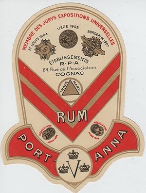 "RUM PORT-ANNA / Ets R.P.A Cognac" Etiquette-chromo originale (vers 1910)