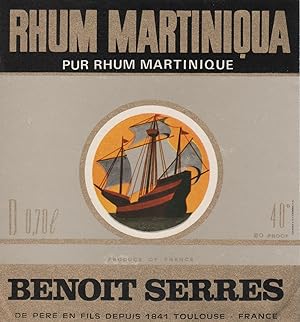 "RHUM MARTINIQUA / Benoit SERRES Toulouse" Etiquette offset originale (années 60)