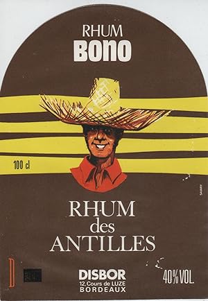 "RHUM BONO - RHUM DES ANTILLES / DISBOR Bordeaux" Etiquette offset originale (années 60)