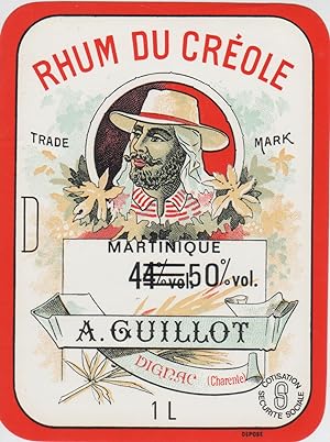"RHUM DU CRÉOLE / A . GUILLOT Dignac" Étiquette rectifiée offset originale (années 60)