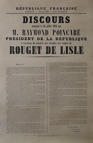 "ROUGET DE LISLE (Discours de Raymond Poincaré le 14 Juillet 1915)" Affiche originale entoilée / ...