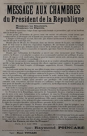 "MESSAGE AUX CHAMBRES DE L'ENTRÉE EN GUERRE (Discours de Raymond Poincaré le 4 Août 1914)" Affich...