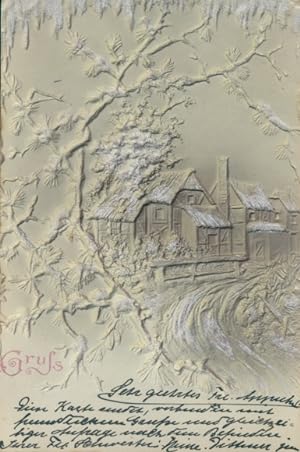 Relief Ansichtskarte / Postkarte Gruß, Ortschaft mit Fluss
