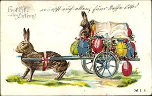 Präge Ansichtskarte / Postkarte Glückwunsch Ostern, Osterhase, Kutsche mit Ostereiern