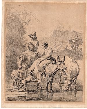 Antique Master Print-SHEPHERDESS-MULE-HORSE-COW-LANDSCAPE-Berchem-1655