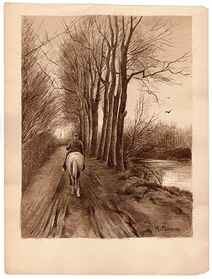 Antique Drawing-DUTCH-FARMER-HORSEBACK-FOREST ROAD-POND-TREES-Mauve-ca. 1870