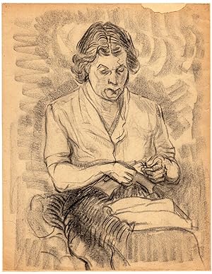Antique Drawing-SEWING-LADY SITTING-RESTORING CLOTHES-Masthoff-ca. 1950