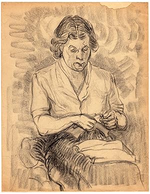 Antique Drawing-SEWING-LADY SITTING-RESTORING CLOTHES-Masthoff-ca. 1950