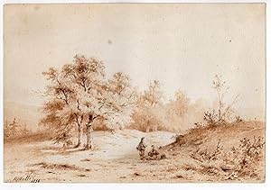 Antique Drawing-PASTORAL LANDSCAPE-DUNES-DUTCH-Walter-1856