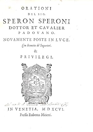 Orationi.In Venetia, appresso Ruberto Meietti, 1596.