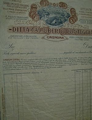 Pontiggia Cremona/Pompe per agricoltura Fattura originale firmata Pontiggia 1936