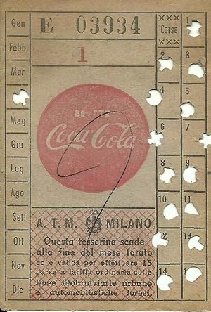 ATM Milano, Biglietto/Tessera pubblicitario Coca Cola originale 1950ca.