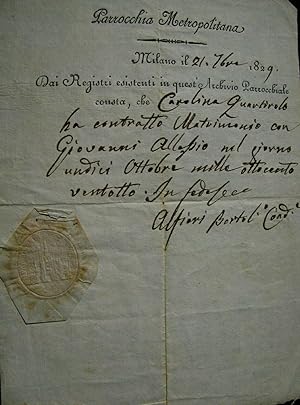 Chiesa Metropolitana di Milano (Duomo) Certificato di matrimonio/Sigillo 1829