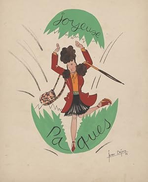"JOYEUSE PAQUES CHEZ LES ZAZOUS" Dessin à l'aquarelle sur papier par Jean DEJOUX (1943)