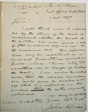 AUTOGRAPH LETTER, SIGNED, BY McLEAN AS POSTMASTER GENERAL OF THE UNITED STATES, 8 OCTOBER 1825, T...