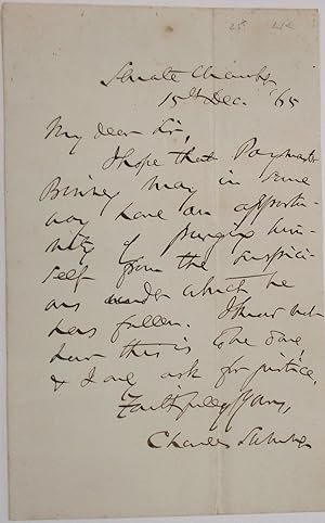 AUTOGRAPH LETTER, SIGNED, FROM THE U.S. SENATE CHAMBER, 15 DECEMBER 1865, TO AN UNKNOWN RECIPIENT...