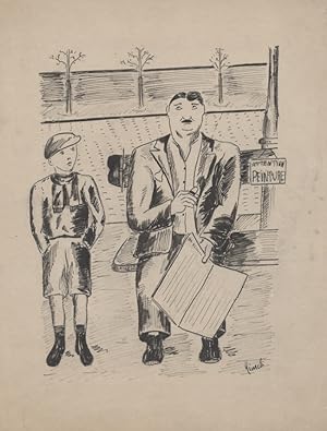 "ATTENTION PEINTURE" Dessin de presse original à l'encre de Chine sur papier par RIMCH (années 30)