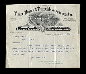 Pierce, Butler & Pierce Industrial Business Letterhead, 1910, Syracuse NY. Featuring typewritten ...