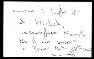 Biglietto intestato manoscritto di Marcello Abbado con affettuoso messaggio al pianista Michele.