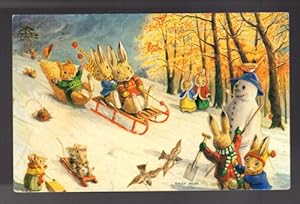 Sledging Postcard - Rabbits in the Snow