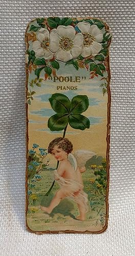 Poole Pianos bookmark (early color, cupid carrying a four-leaf clover, advertisement on the back)